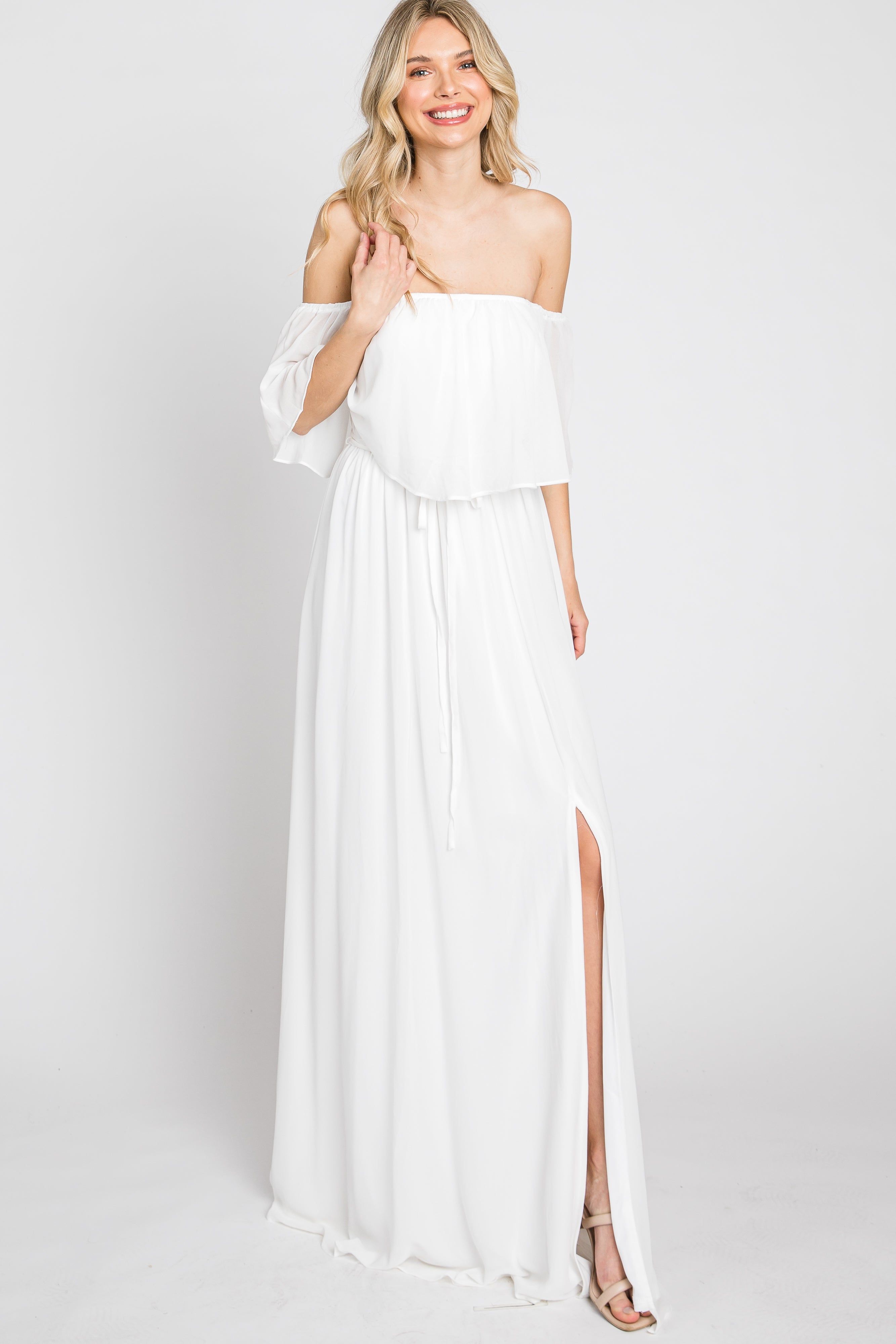 Ivory Chiffon Off Shoulder Maxi Dress sold by Pinkblush product image thumbnail 3