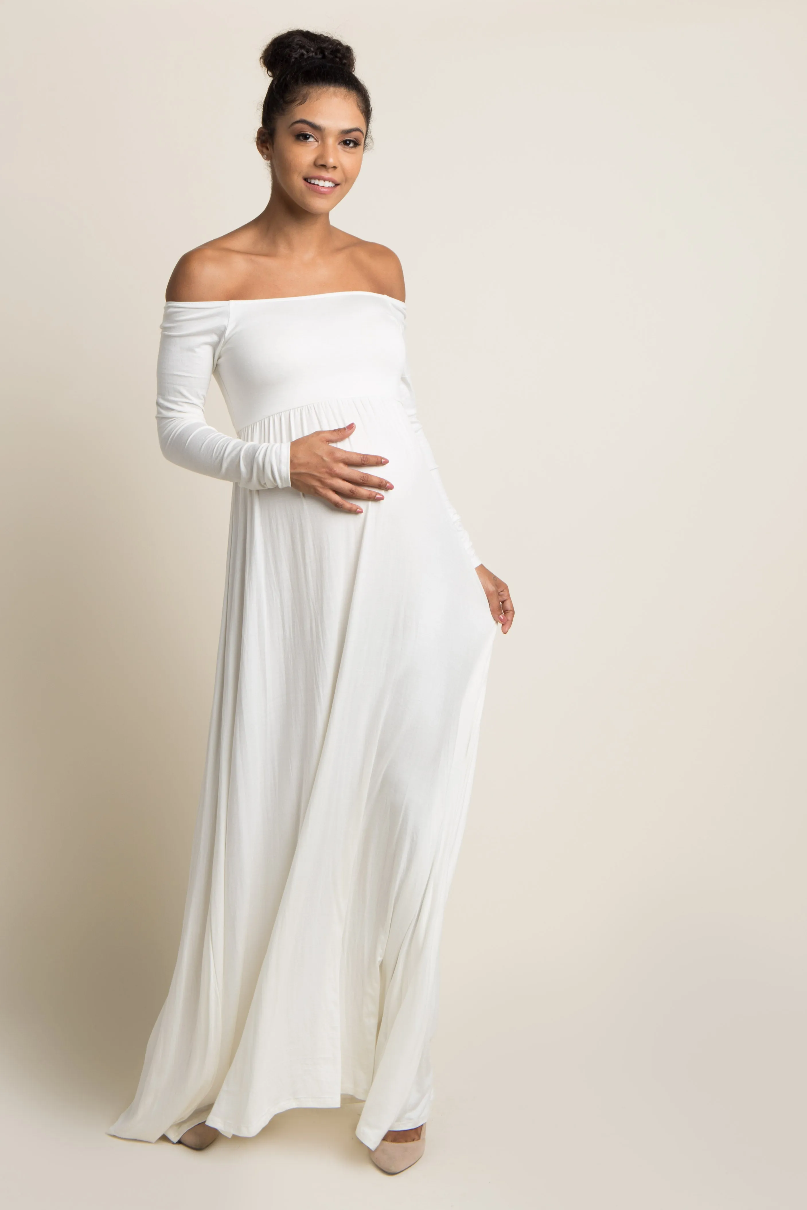 PinkBlush Ivory Solid Off Shoulder Maternity Maxi Dress sold by Pinkblush