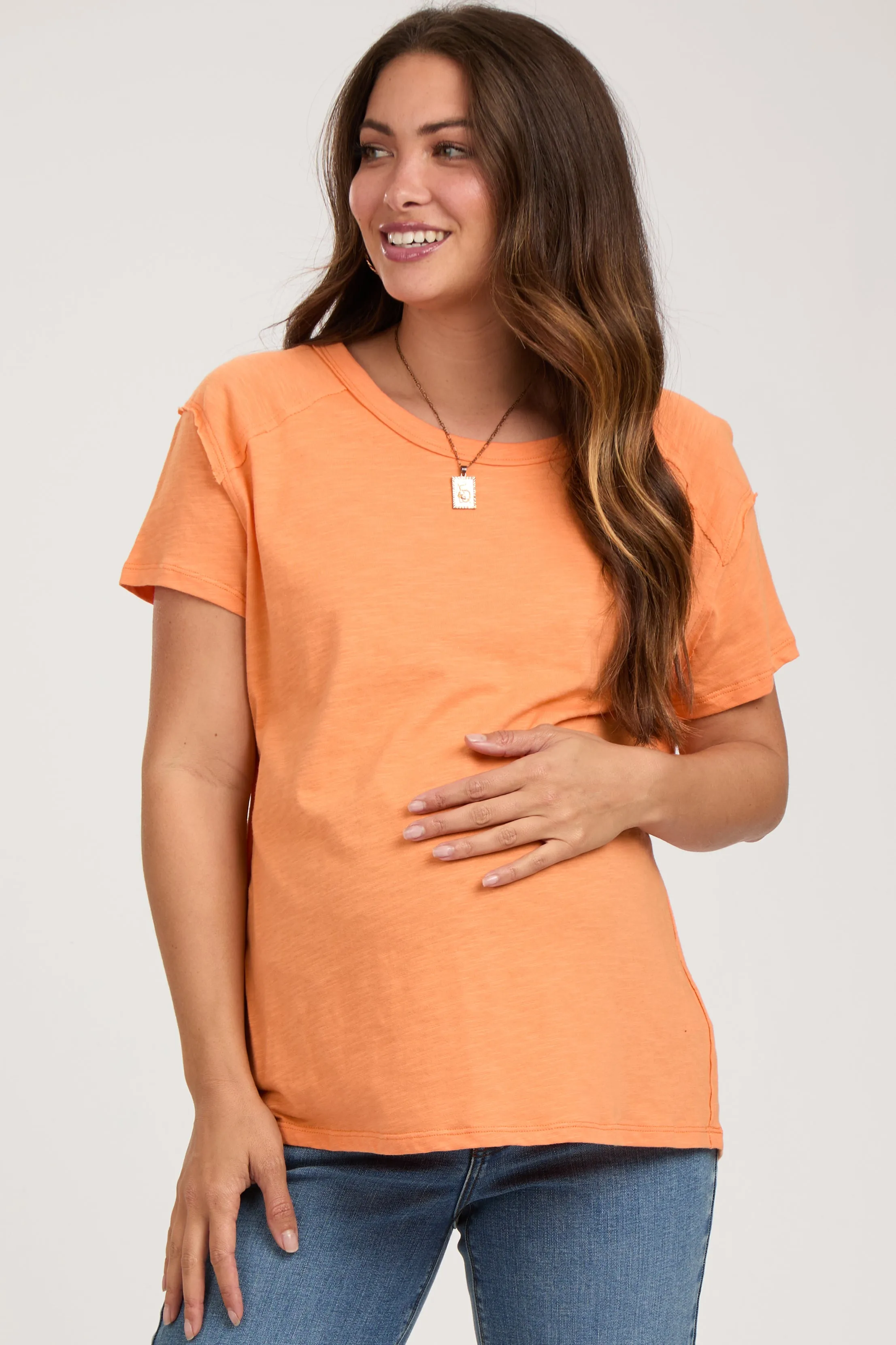 Orange Raw Hem Maternity Short Sleeve Top sold by Pinkblush
