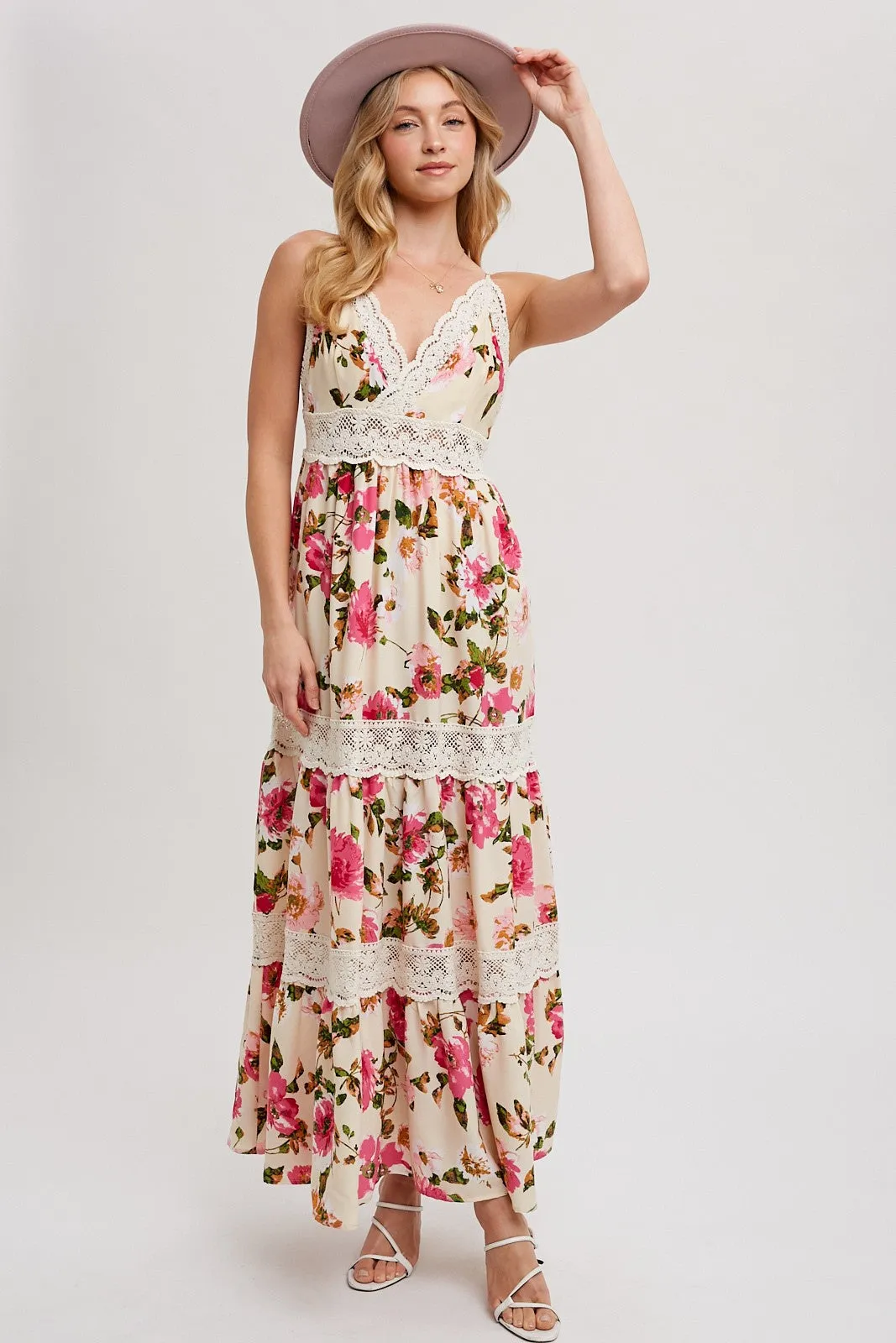 Vanilla Floral Print Tiered Lace Contrast Maxi Dress sold by Pinkblush product image thumbnail 3
