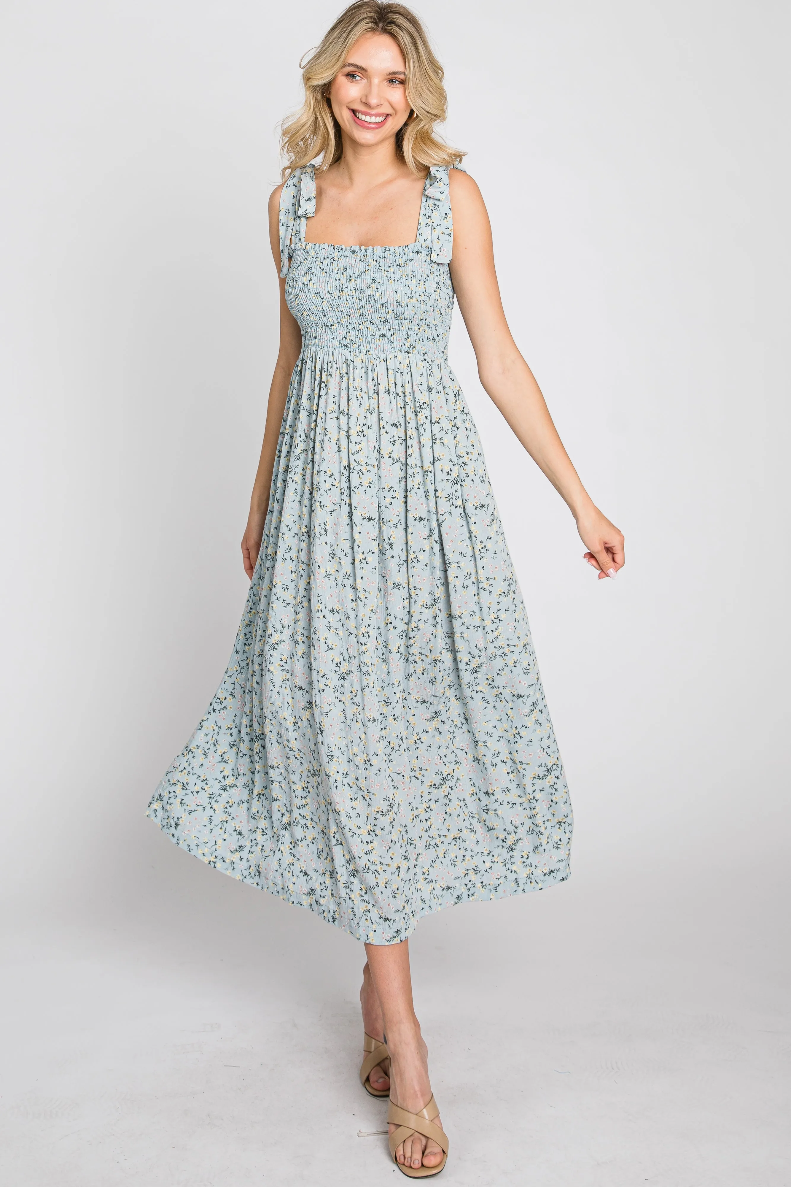 Light Blue Floral Smocked Tie Strap Midi Dress sold by Pinkblush product image thumbnail 3