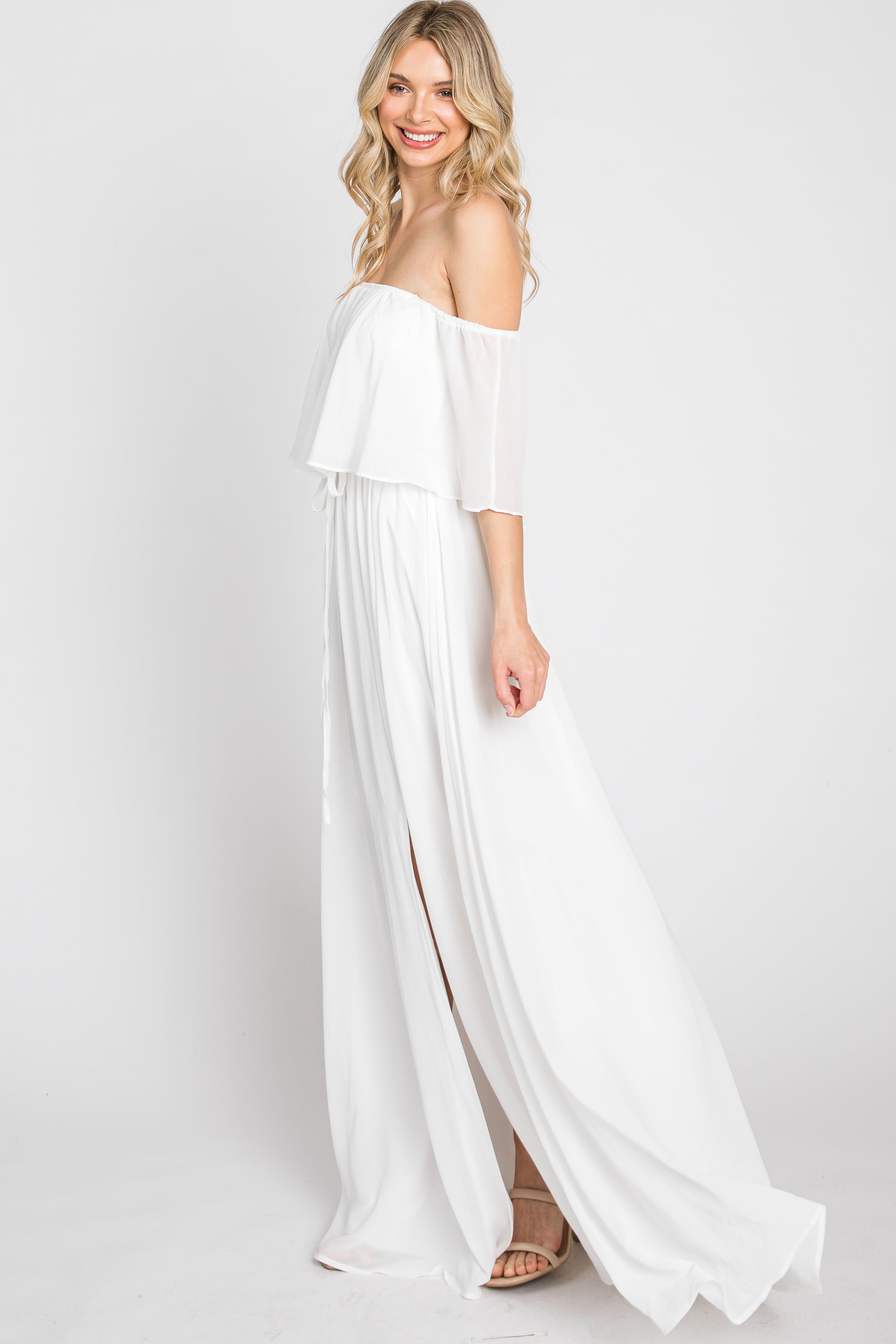 Ivory Chiffon Off Shoulder Maxi Dress sold by Pinkblush product image thumbnail 4