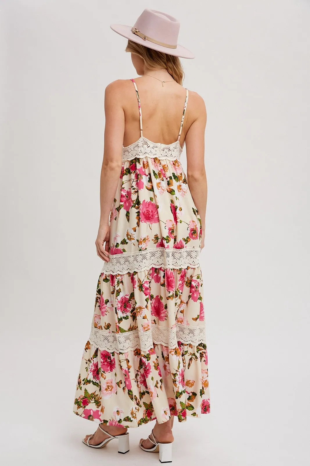 Vanilla Floral Print Tiered Lace Contrast Maxi Dress sold by Pinkblush product image thumbnail 4