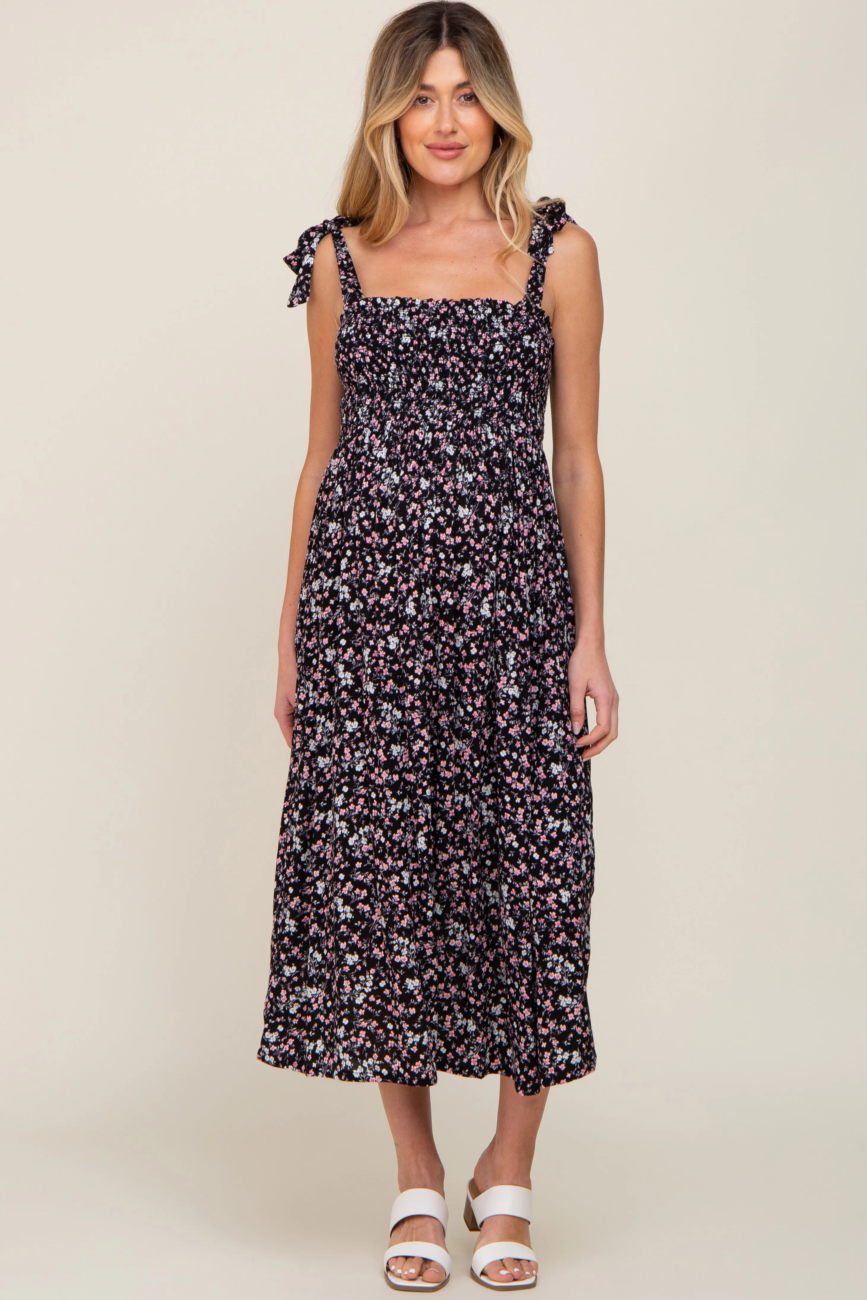 Black Micro Floral Smocked Maternity Dress sold by Pinkblush product image thumbnail 4