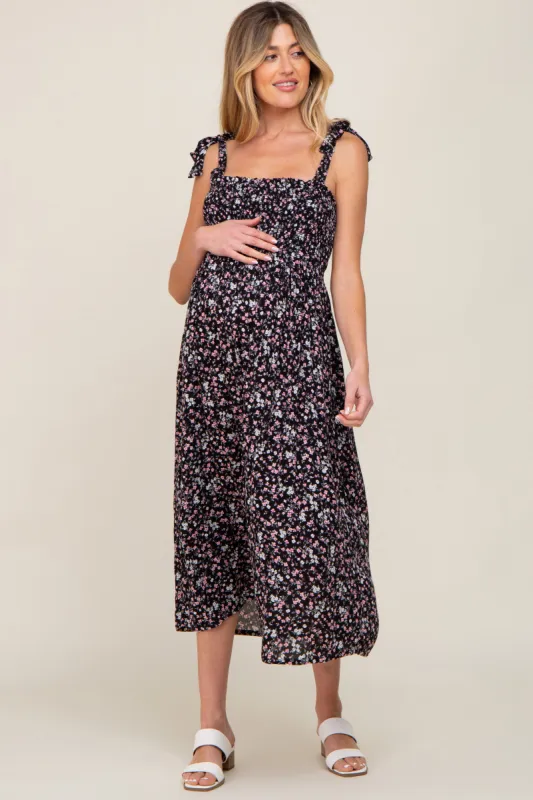 Black Micro Floral Smocked Maternity Dress sold by Pinkblush