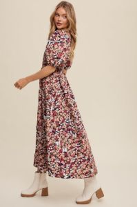 Navy Flower Print Smocked Poplin Maxi Dress sold by Pinkblush