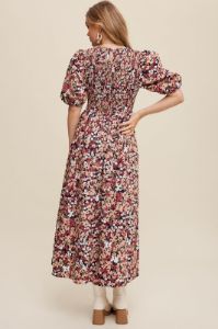 Navy Flower Print Smocked Poplin Maxi Dress sold by Pinkblush