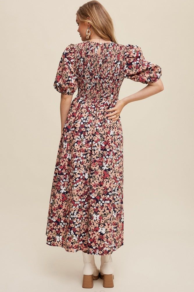 Navy Flower Print Smocked Poplin Maxi Dress sold by Pinkblush product image thumbnail 3