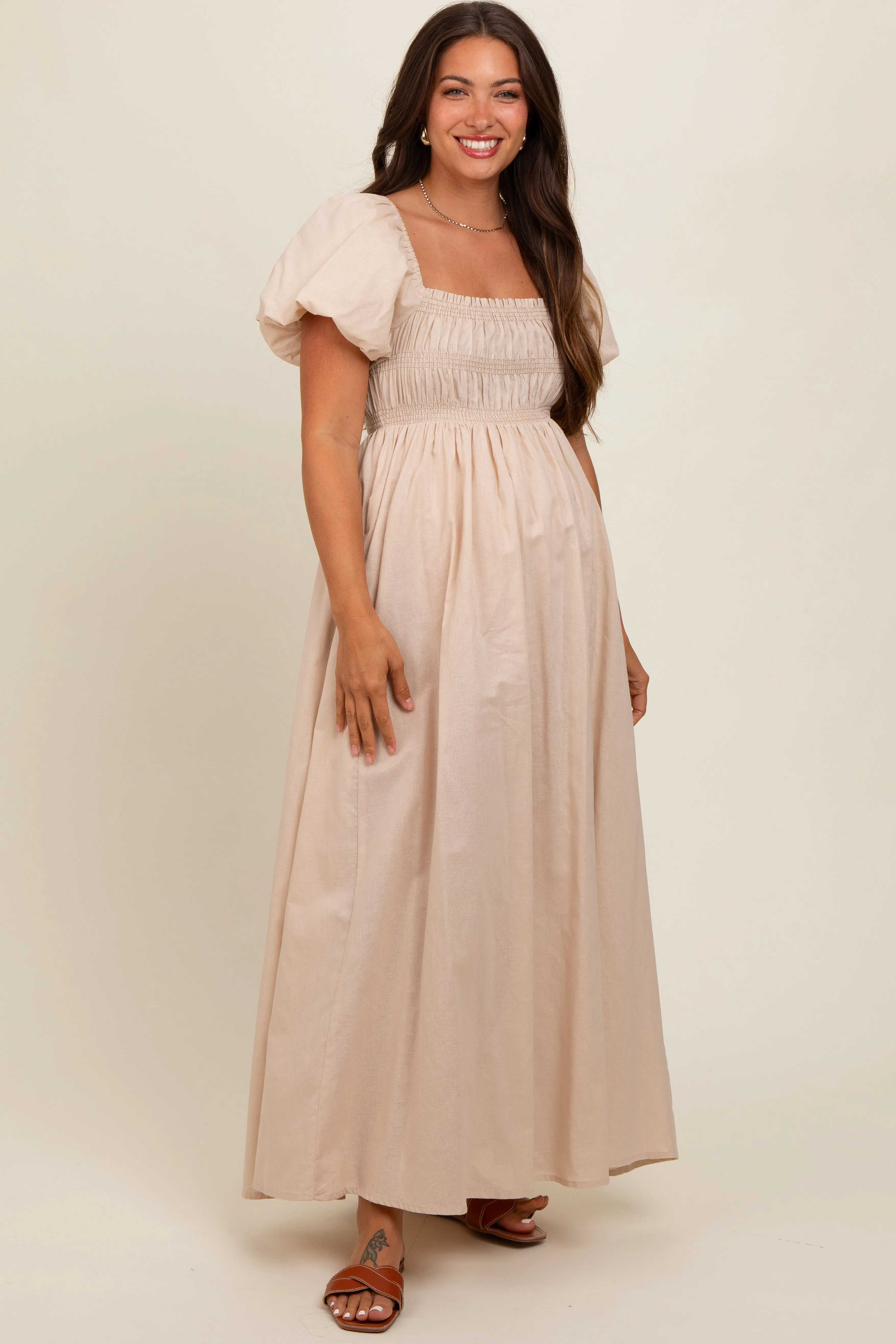 Cream Puff Sleeve Smocked Maternity Maxi Dress sold by Pinkblush