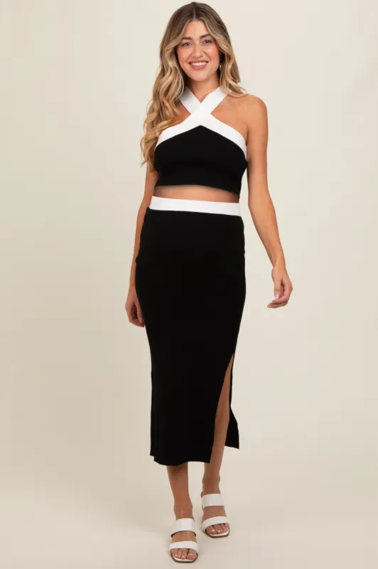 Black Colorblock Knit Crop Top Skirt Maternity Set sold by Pinkblush