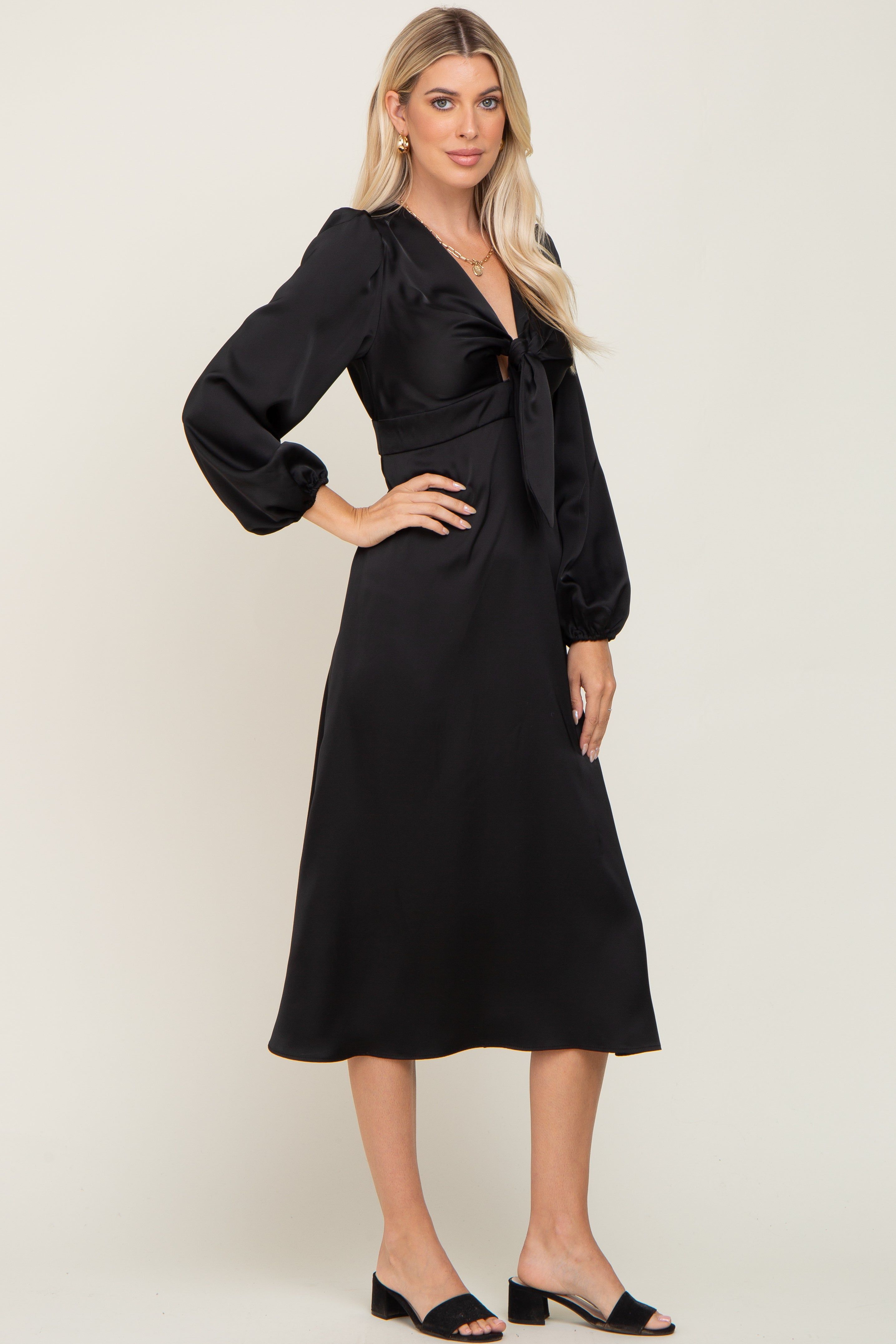 Black Satin Tie Front Cutout Midi Dress sold by Pinkblush product image thumbnail 2
