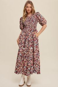 Navy Flower Print Smocked Poplin Maxi Dress sold by Pinkblush