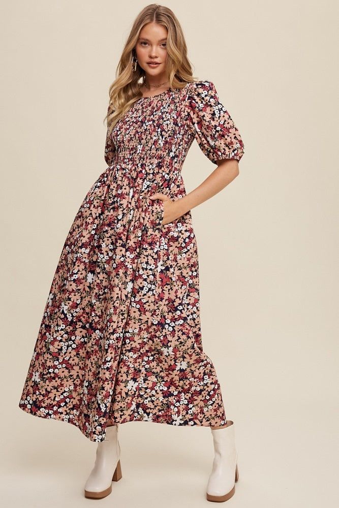 Navy Flower Print Smocked Poplin Maxi Dress sold by Pinkblush
