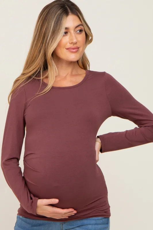 Burgundy Ruched Side Long Sleeve Maternity Top sold by Pinkblush