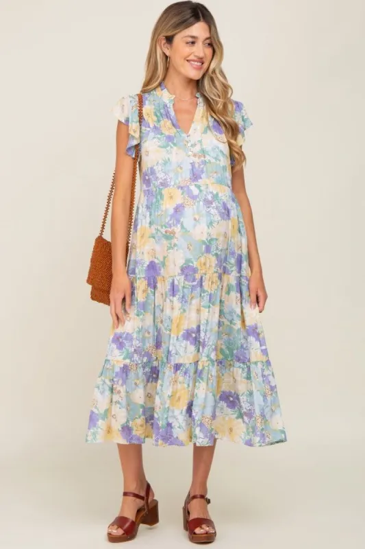Yellow Floral Button Front Ruffle Sleeve Tiered Maternity Midi Dress sold by Pinkblush