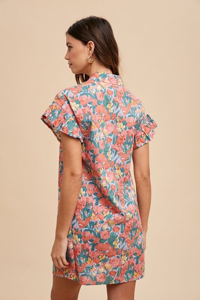 Coral Multi Floral Printed Frill Sleeve Shirt Mini Dress sold by Pinkblush product image thumbnail 3