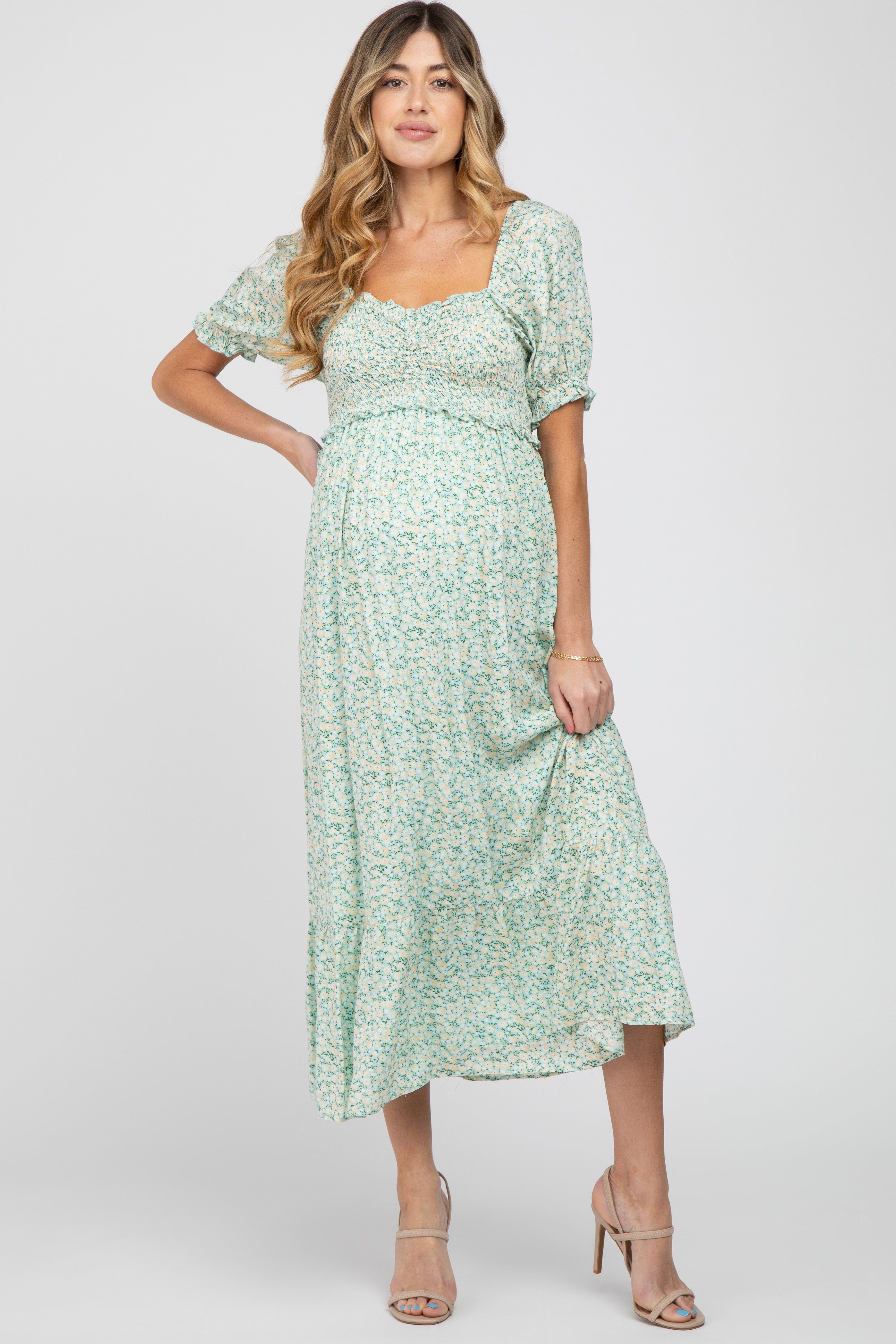 Mint Floral Sweetheart Neck Maternity Midi Dress sold by Pinkblush