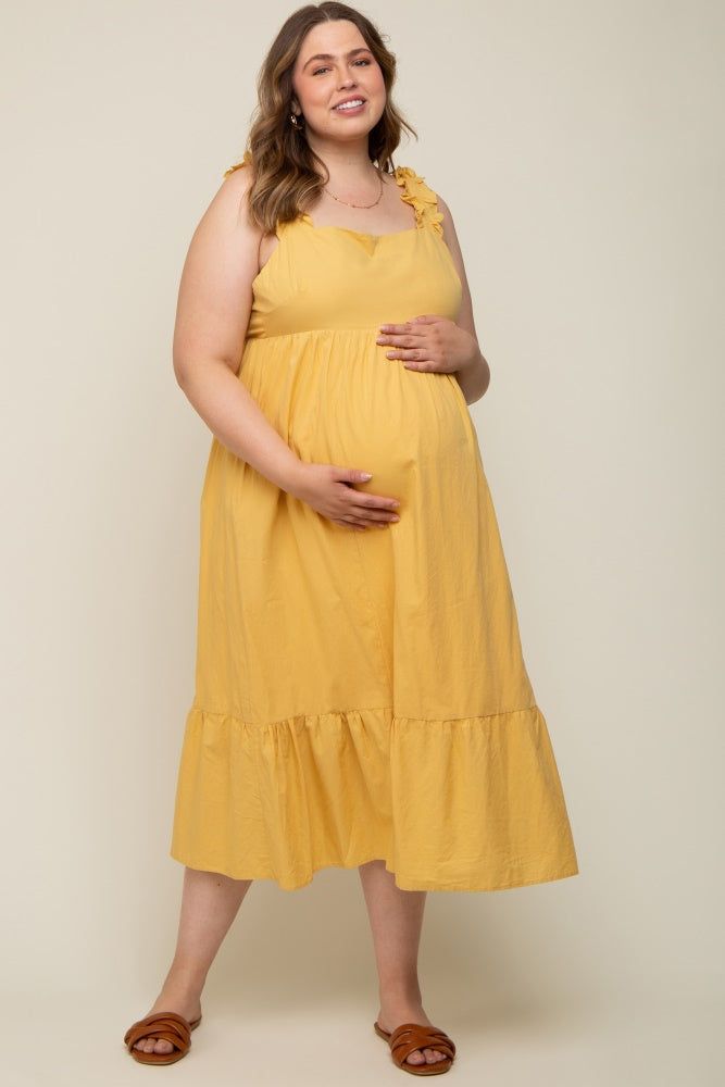 Yellow Ruffle Strap Back Tie Maternity Plus Midi Dress sold by Pinkblush product image thumbnail 5