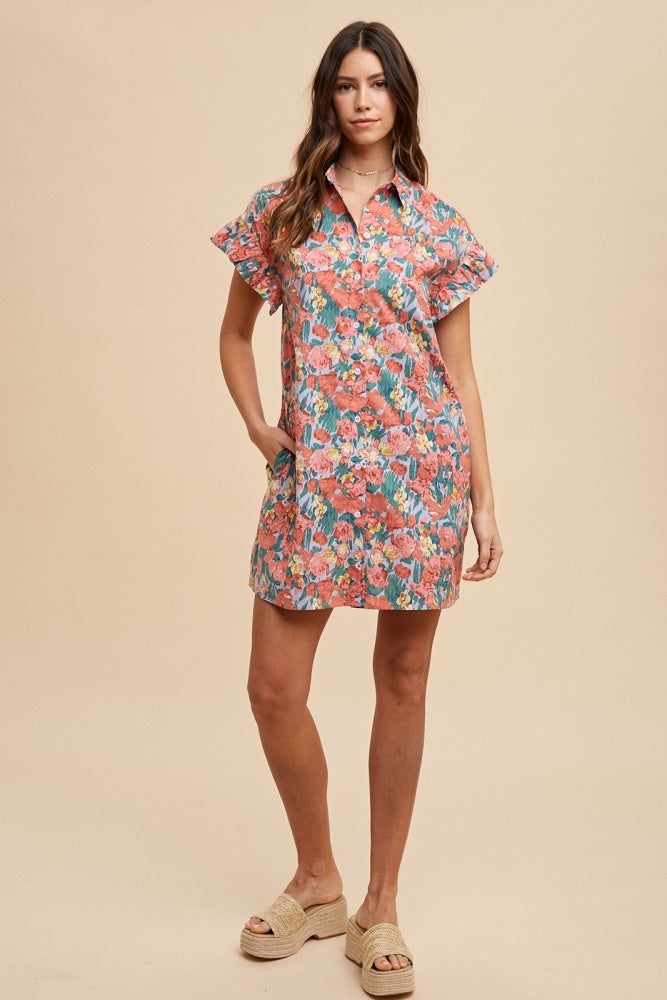 Coral Multi Floral Printed Frill Sleeve Shirt Mini Dress sold by Pinkblush product image thumbnail 4