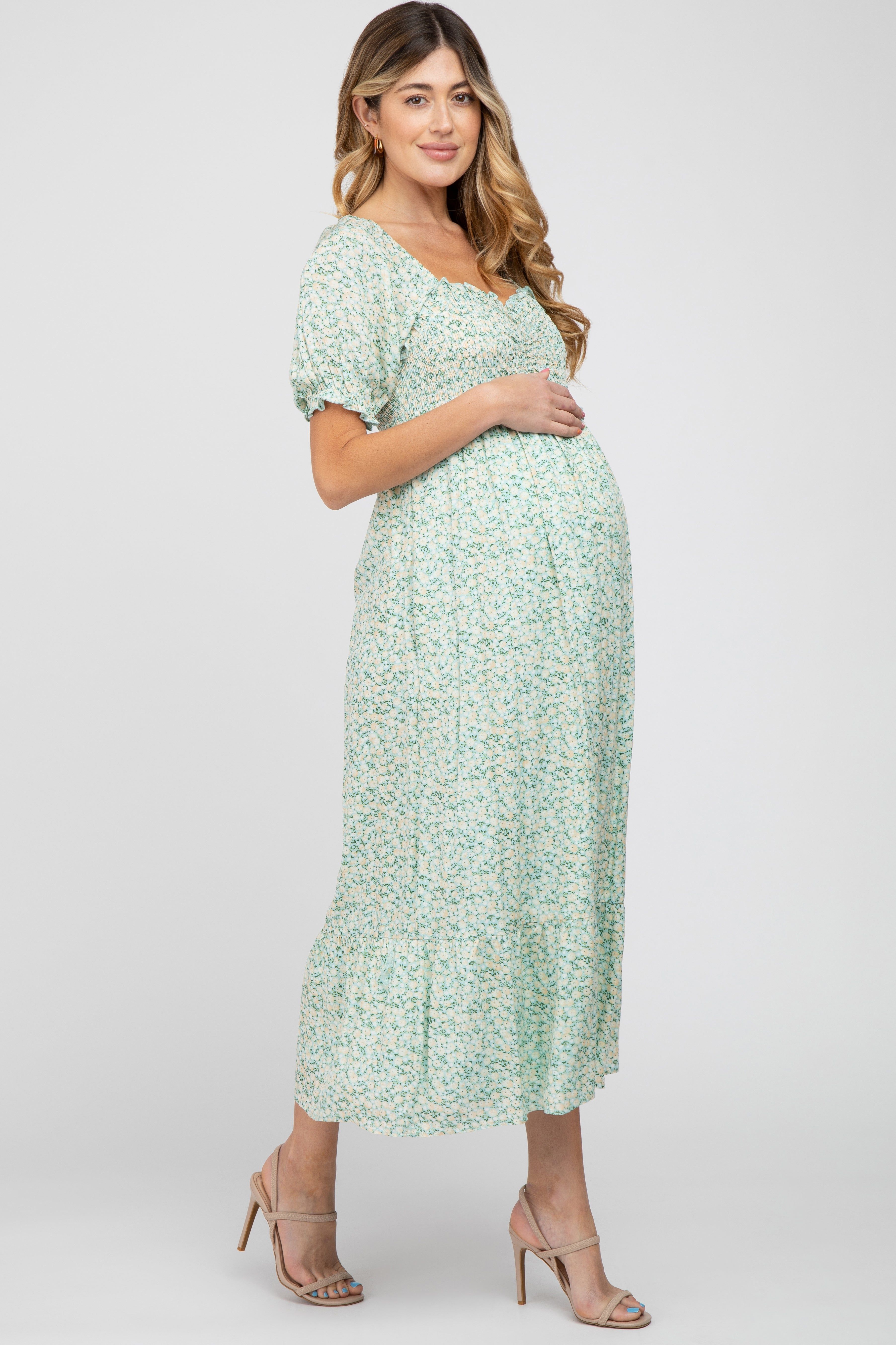 Mint Floral Sweetheart Neck Maternity Midi Dress sold by Pinkblush product image thumbnail 2