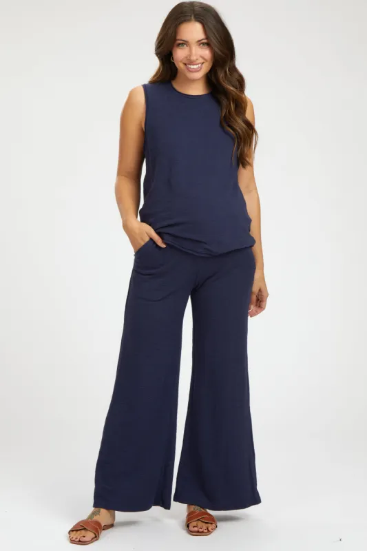 Navy Blue Slub Knit Maternity Pants Set sold by Pinkblush