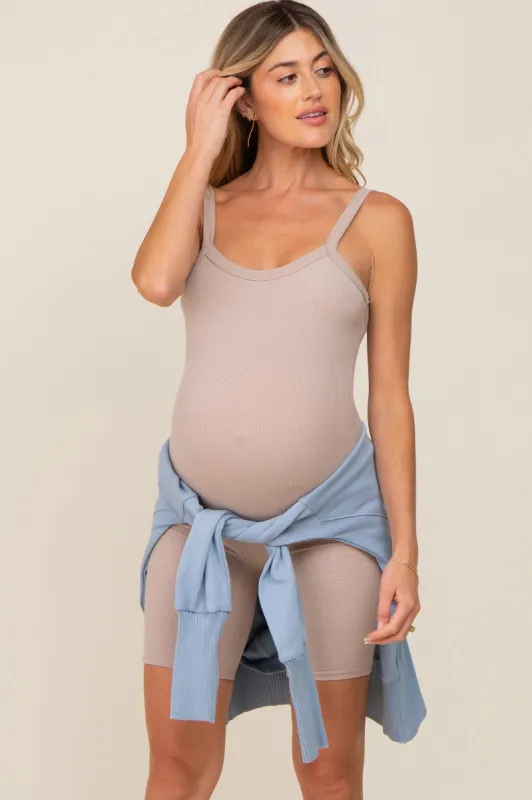 Taupe Rib Knit Sleeveless Maternity Romper sold by Pinkblush