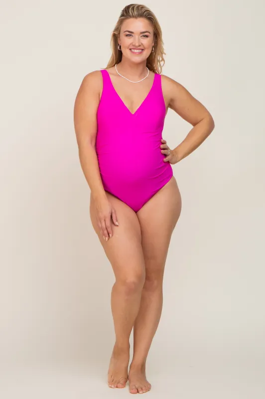 Fuchsia Ruched Plus Maternity One Piece Swimsuit sold by Pinkblush