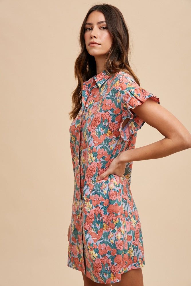 Coral Multi Floral Printed Frill Sleeve Shirt Mini Dress sold by Pinkblush product image thumbnail 2