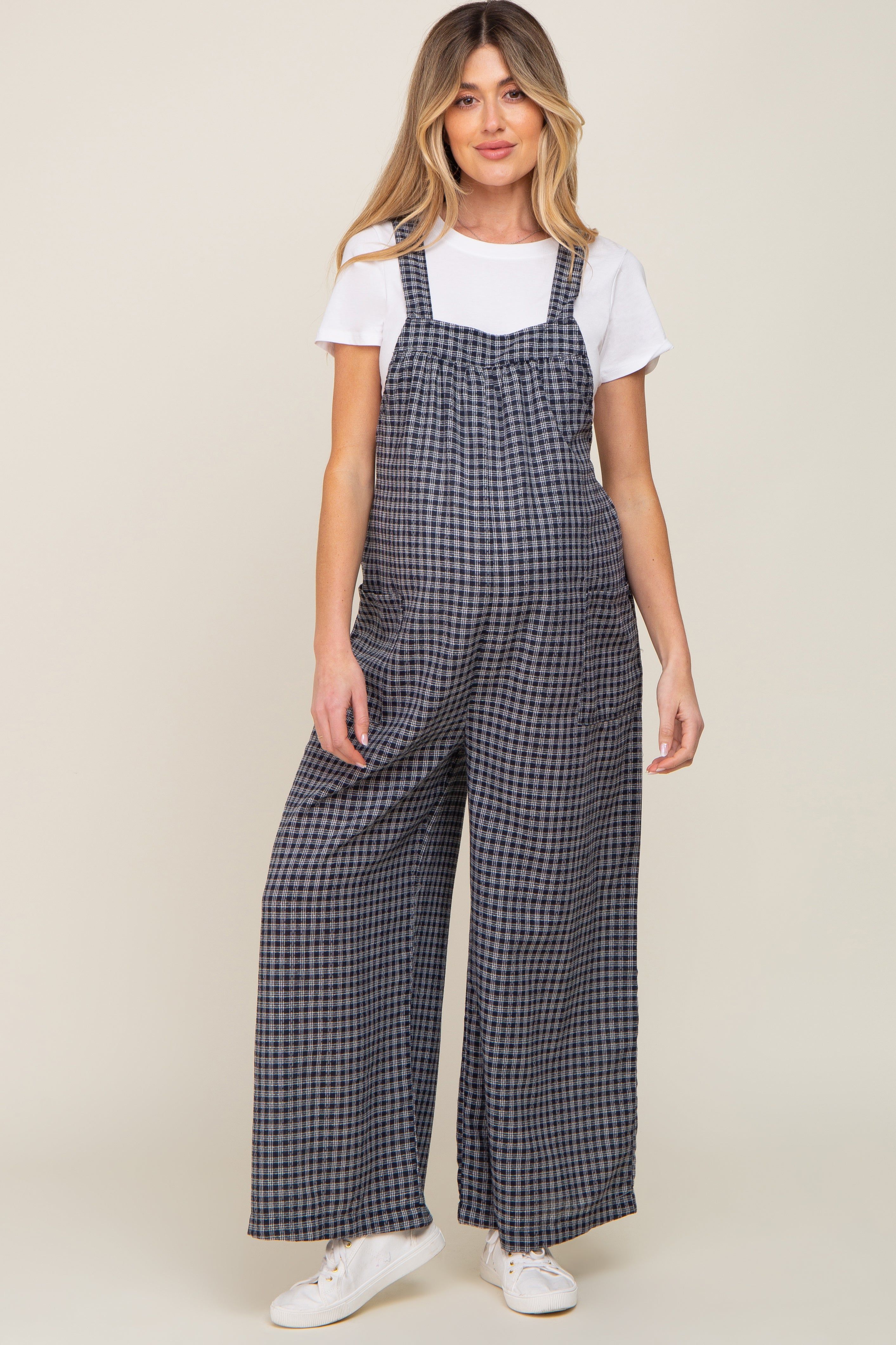 Navy Plaid Tie Back Maternity Overall sold by Pinkblush product image thumbnail 4