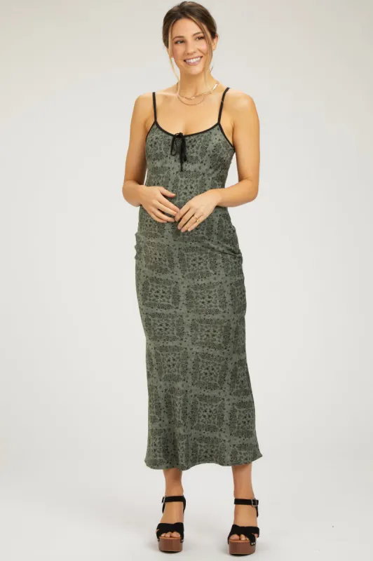 Light Olive Floral Paisley Velvet Tie Satin Maternity Midi Dress sold by Pinkblush