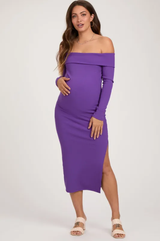 Purple Ribbed Off Shoulder Side Slit Maternity Midi Dress sold by Pinkblush