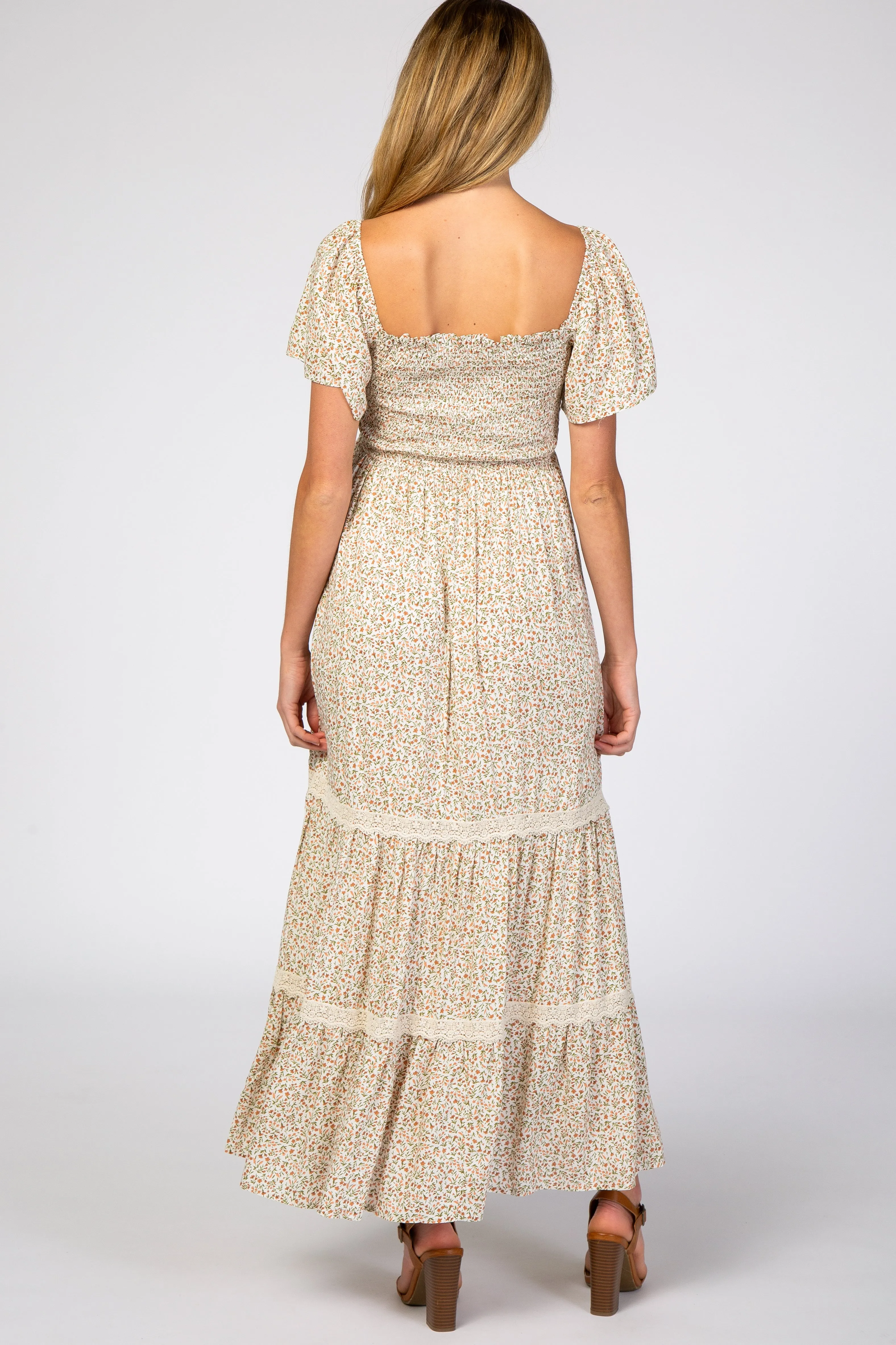 Ivory Floral Square Neck Smocked Front Lace Trim Maternity Maxi Dress sold by Pinkblush product image thumbnail 3