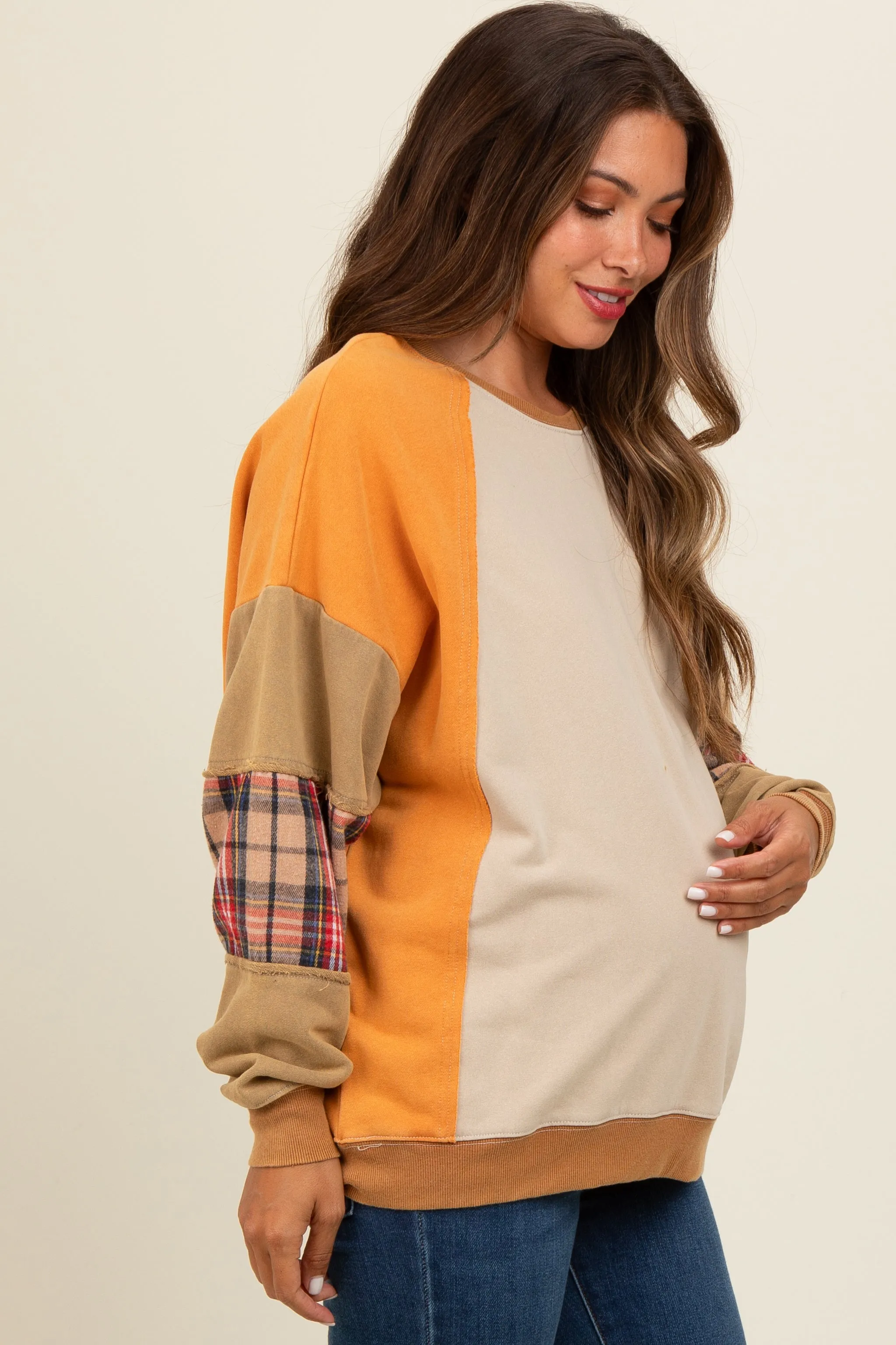Peach Colorblock Plaid Dolman Sleeve Maternity Pullover sold by Pinkblush product image thumbnail 2