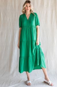 Green Tiered V-Neck Midi Dress sold by Pinkblush