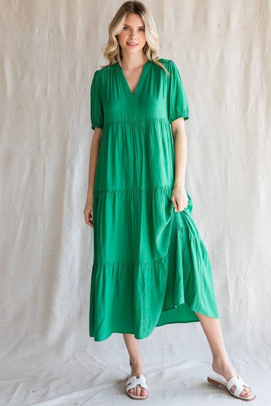 Green Tiered V-Neck Midi Dress sold by Pinkblush product image thumbnail 2