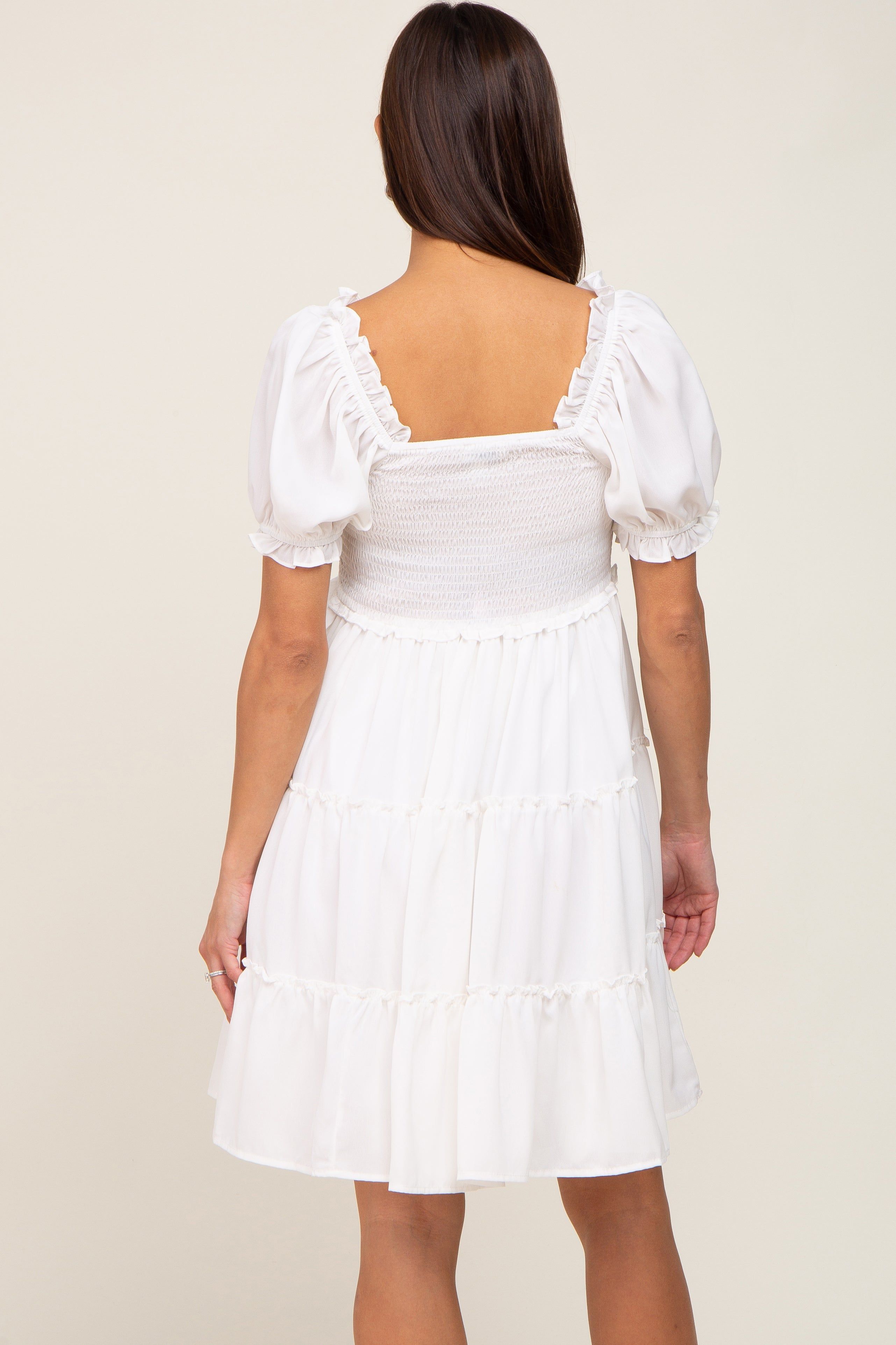 White Smocked Tiered Puff Sleeve Maternity Dress sold by Pinkblush product image thumbnail 3
