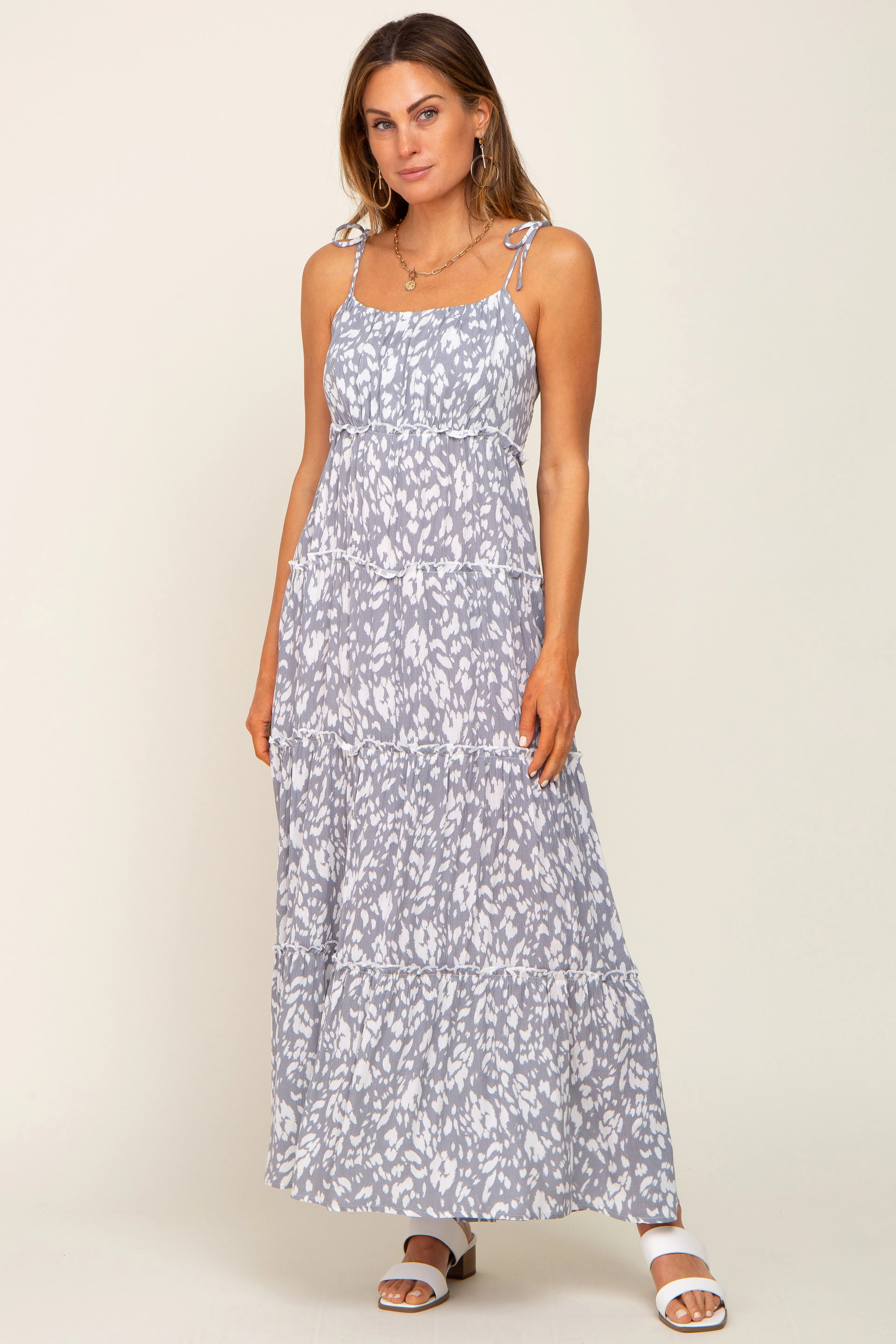 Grey Animal Print Tiered Maxi Dress sold by Pinkblush