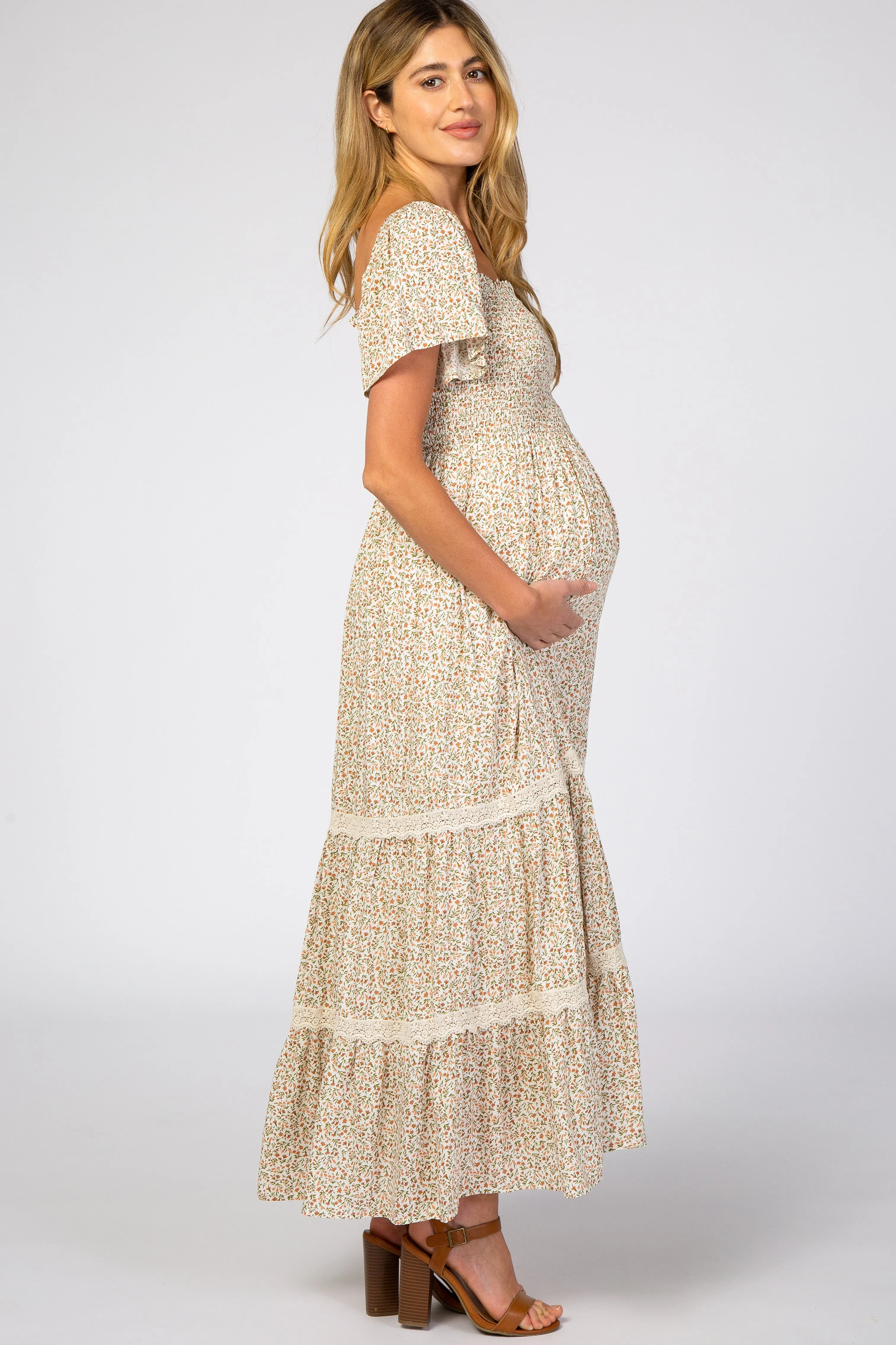 Ivory Floral Square Neck Smocked Front Lace Trim Maternity Maxi Dress sold by Pinkblush product image thumbnail 2