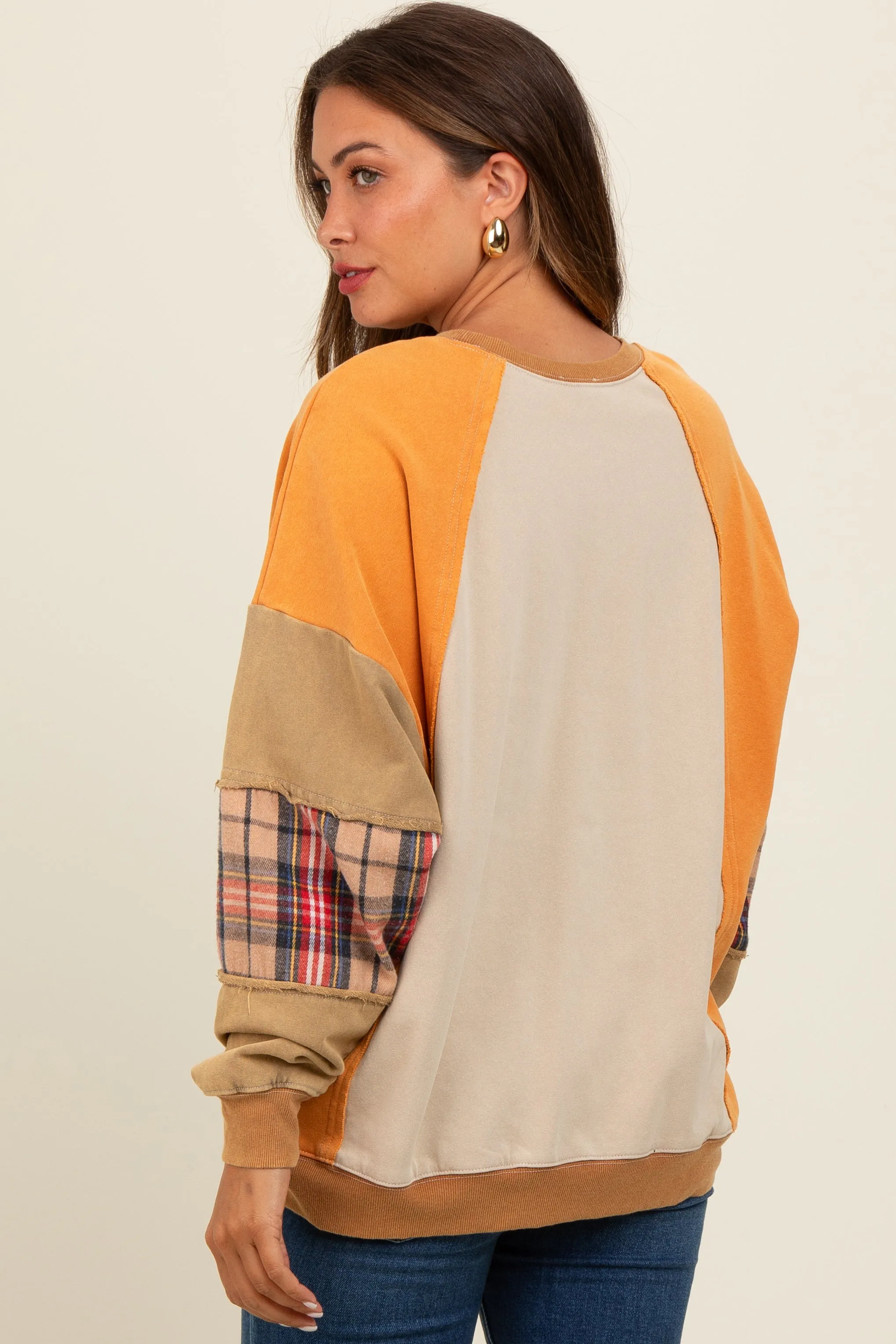 Peach Colorblock Plaid Dolman Sleeve Maternity Pullover sold by Pinkblush product image thumbnail 3