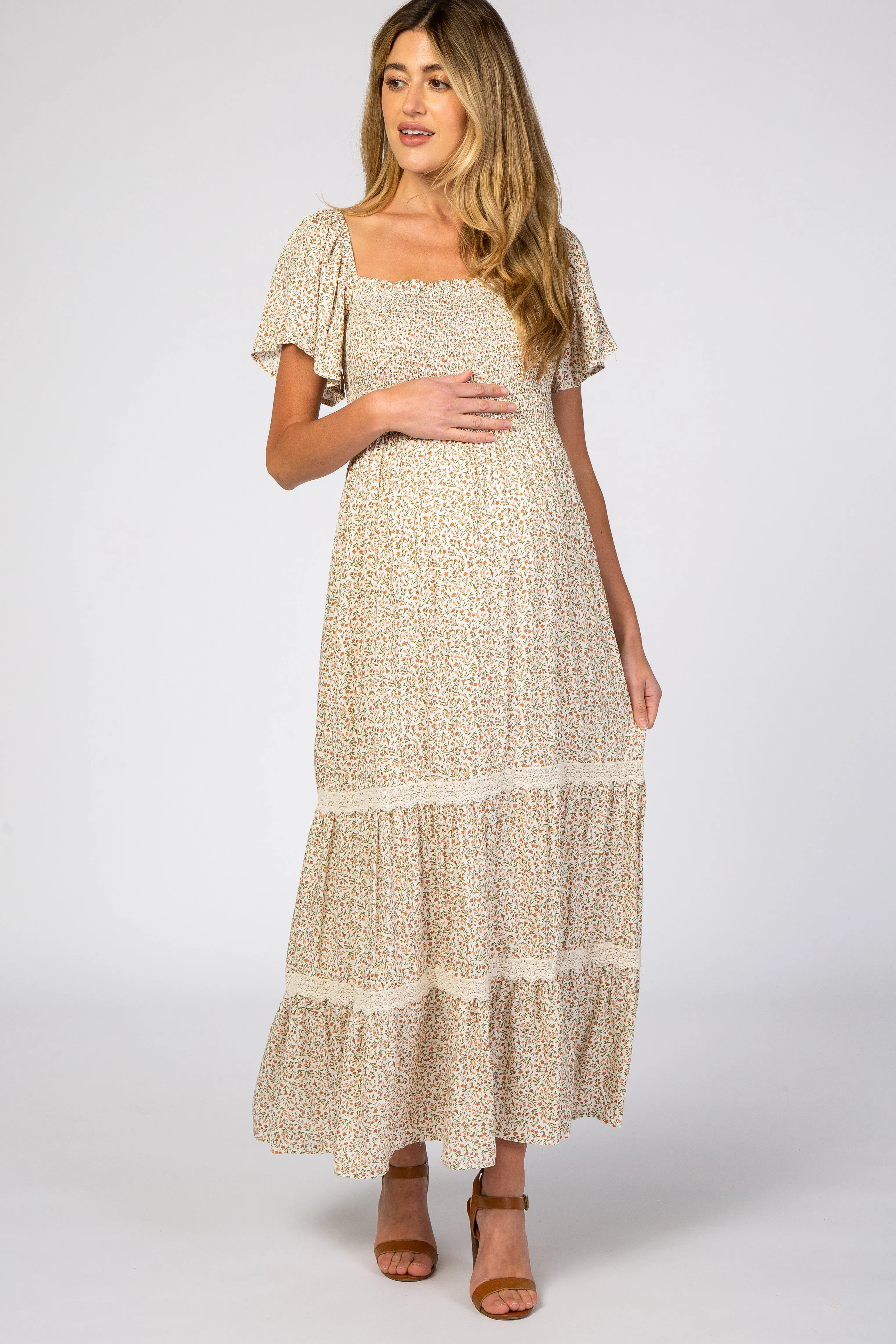 Ivory Floral Square Neck Smocked Front Lace Trim Maternity Maxi Dress sold by Pinkblush