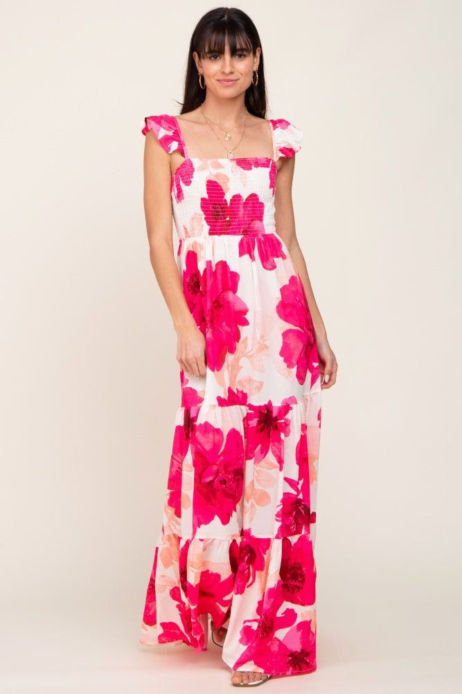 Fuchsia Floral Smocked Tiered Maxi Dress sold by Pinkblush product image thumbnail 4