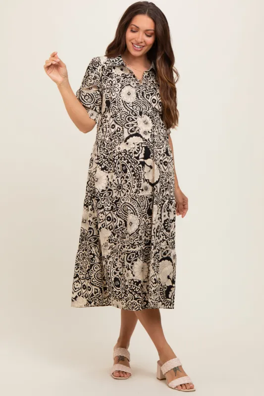 Black Floral Collared Tiered Maternity Midi Dress sold by Pinkblush
