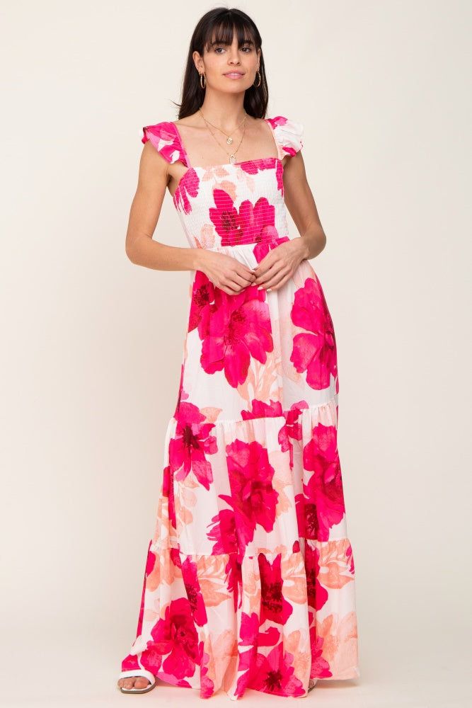 Fuchsia Floral Smocked Tiered Maxi Dress sold by Pinkblush