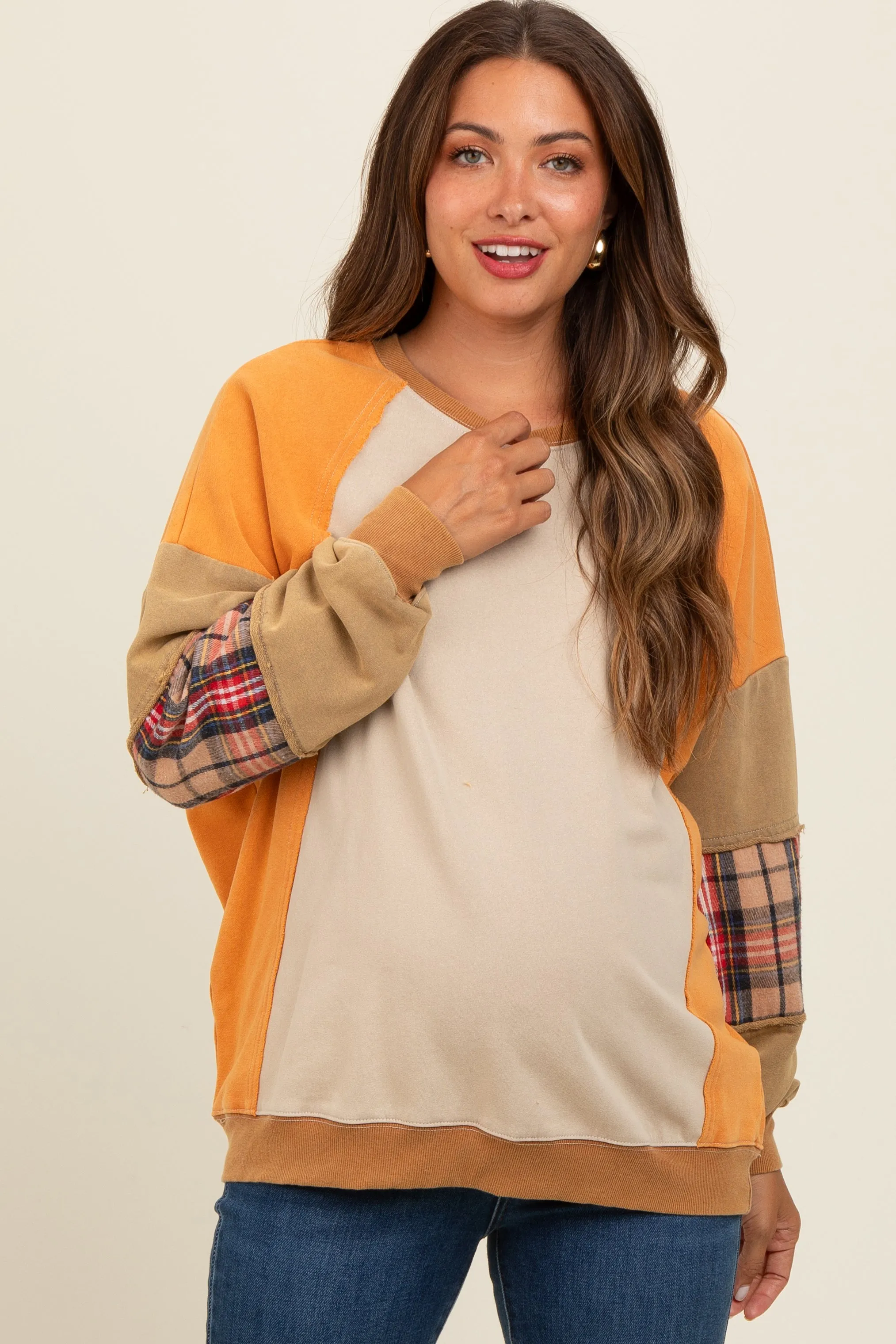 Peach Colorblock Plaid Dolman Sleeve Maternity Pullover sold by Pinkblush