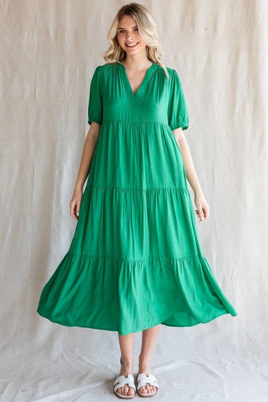 Green Tiered V-Neck Midi Dress sold by Pinkblush