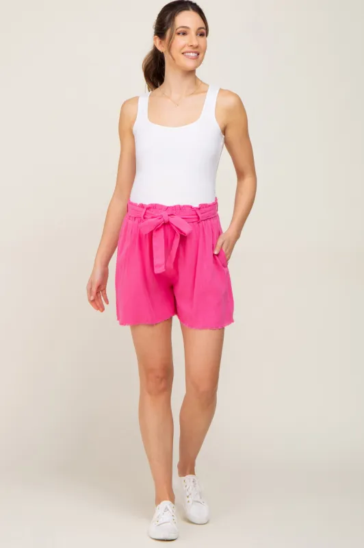 Fuchsia Front Tie Raw Hem Maternity Shorts sold by Pinkblush