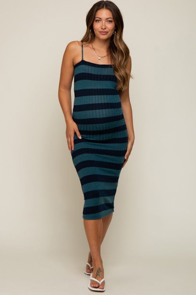 Teal Striped Rib Knit Maternity Midi Dress sold by Pinkblush