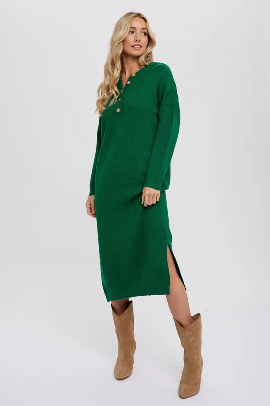 Hunter Green Waffle Knit Button Long Sleeve Midi Dress sold by Pinkblush