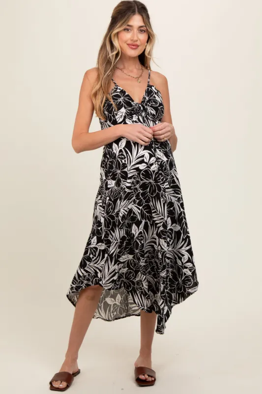 Black Tropical Floral Front Tie Maternity Midi Dress sold by Pinkblush