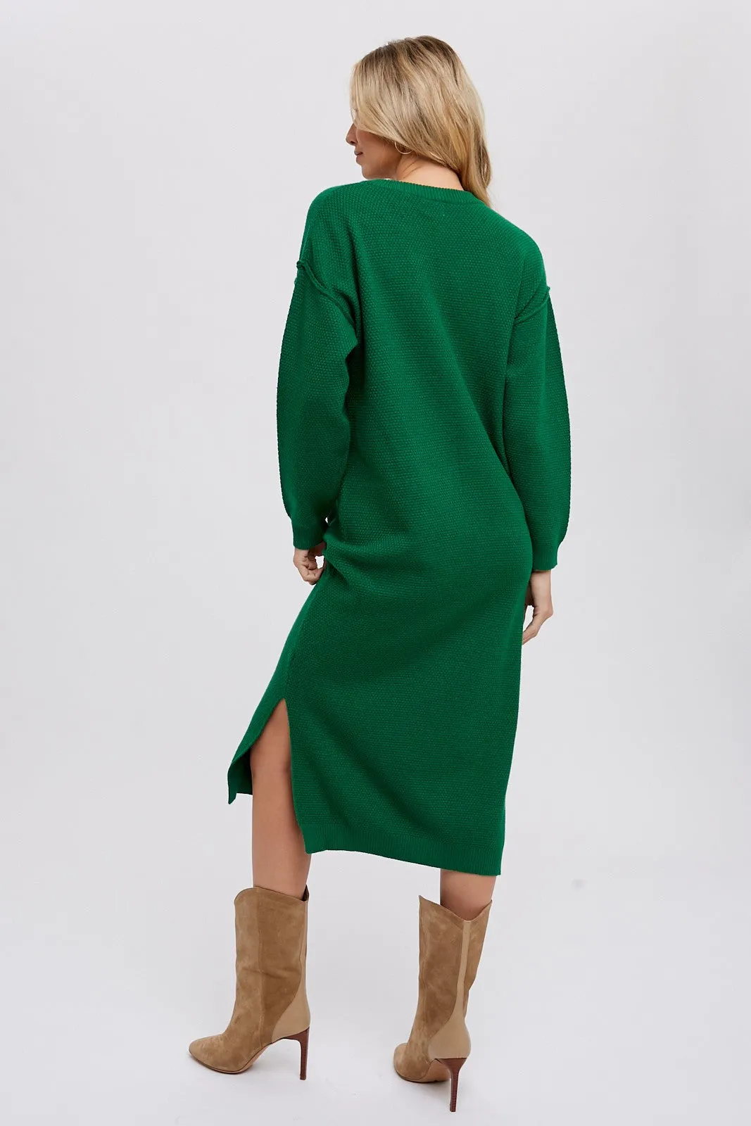 Hunter Green Waffle Knit Button Long Sleeve Midi Dress sold by Pinkblush product image thumbnail 3